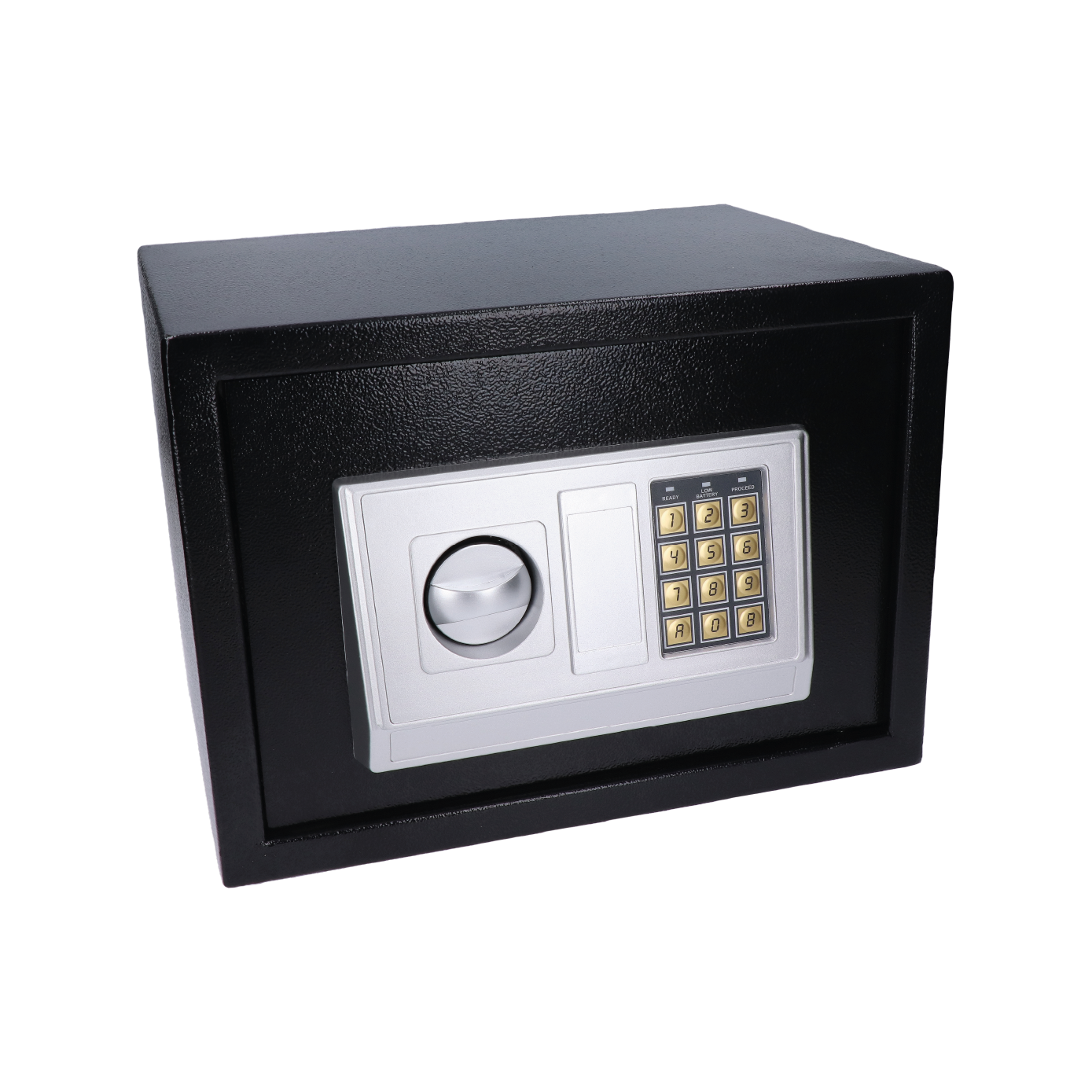 Nábytkový elektronický trezor (350x250x250mm), tloušťka: dveří 3mm, tělo 1mm, vnitřní rozměry 245x185x245mm, barva: černá, balení obsahuje 4x baterie a kotvy do stěny