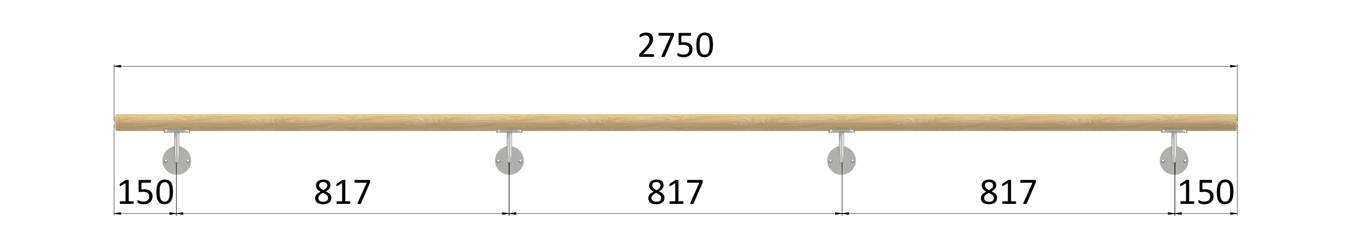 Madlo drevené (2750mm), materiál: buk, brúsený povrch s náterom BORI (bezfarebný), set: 4 ks úchyt, madlo s ukončením