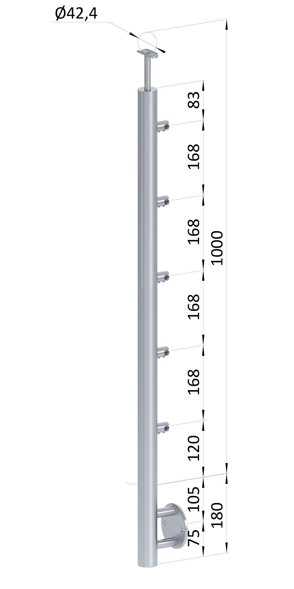 Nerezový sloup, boční kotvení, 5řadový průchozí