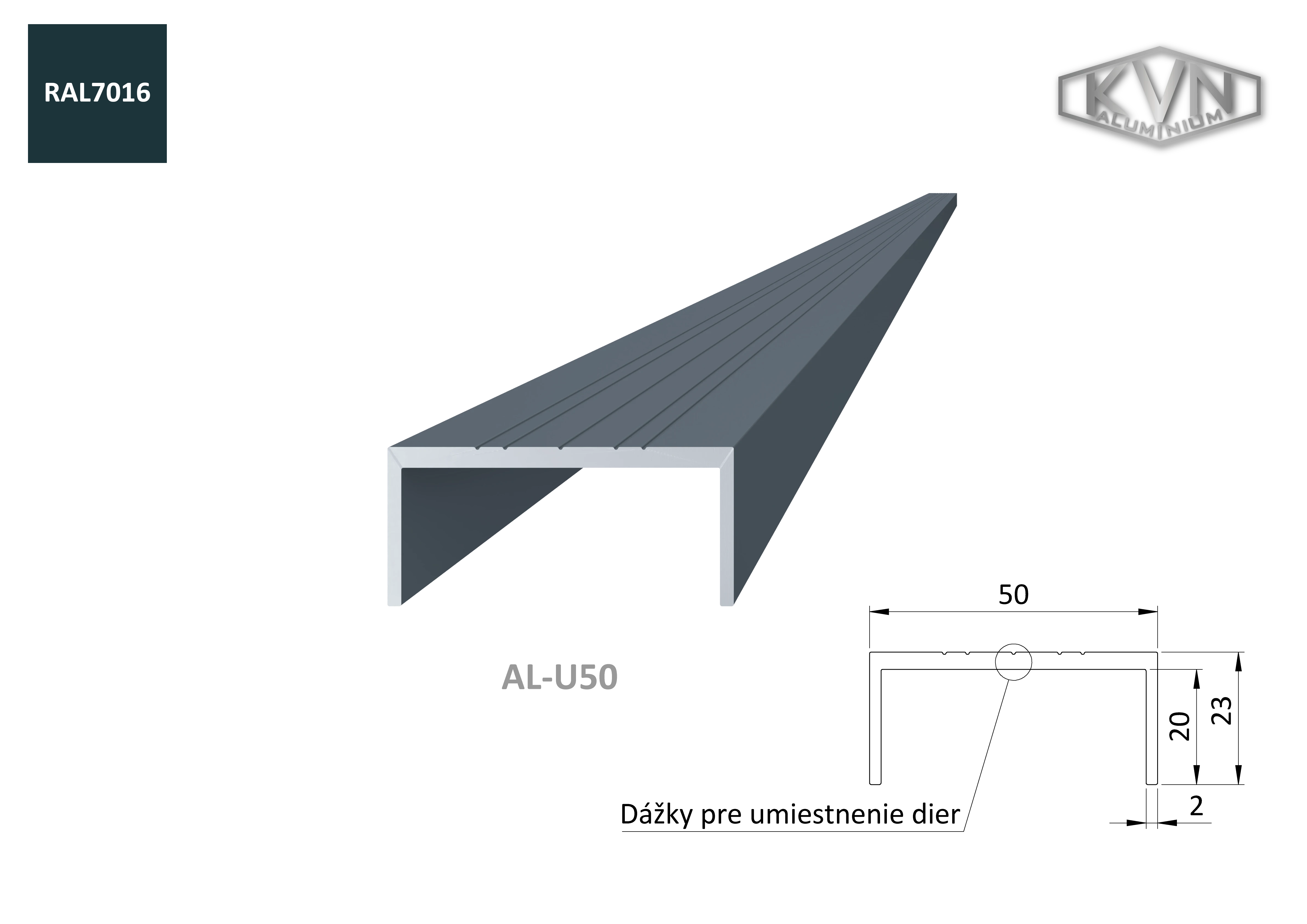 U profil 50x22mm, L-6000mm, práškový lak, antracit RAL7016