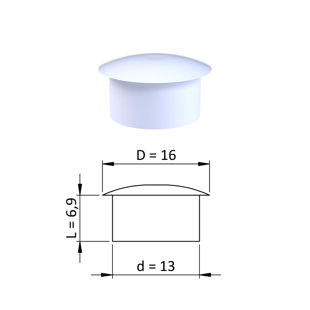 Vnitřní krytka kulatá ø 16 mm, otvor ø 13 mm, bílá, plast