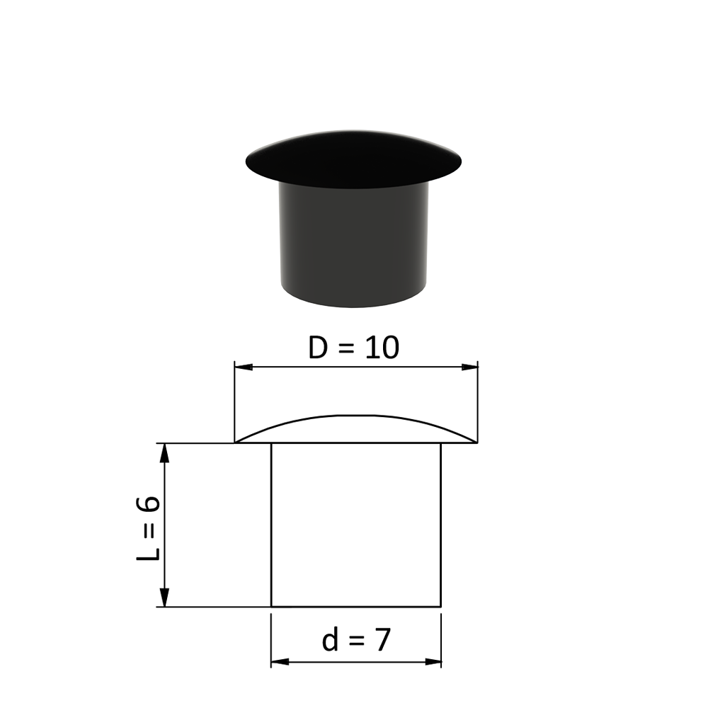Vnitřní krytka kulatá ø 10 mm, otvor ø 7 mm, černá, plast