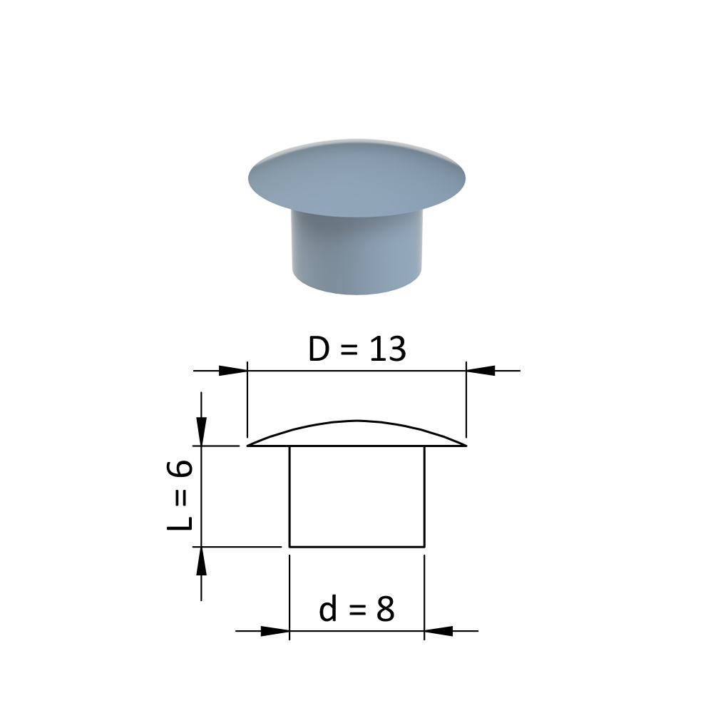 Vnitřní krytka kulatá ø 13 mm, otvor ø 8 mm, šedá, plast