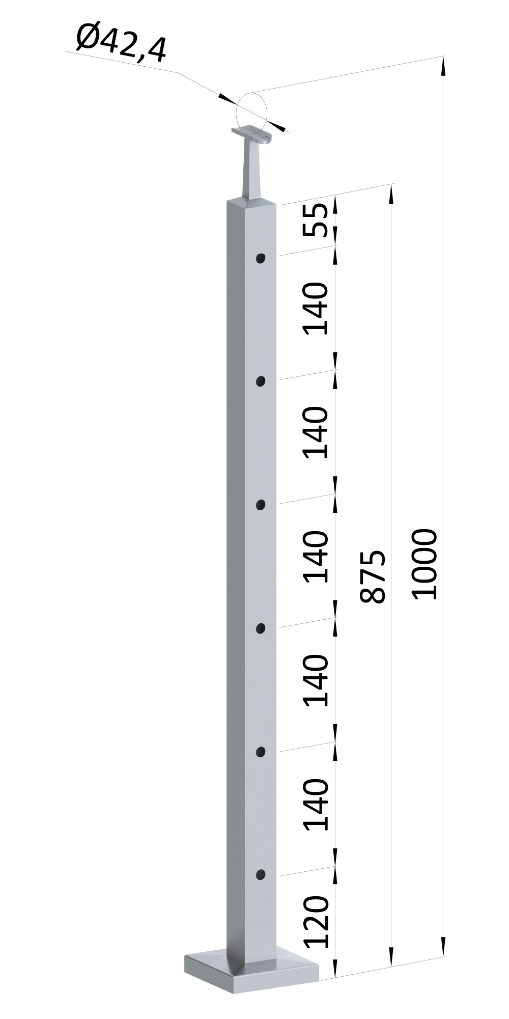 Nerezový sloup, vrchní kotvení, 6děrový průchozí