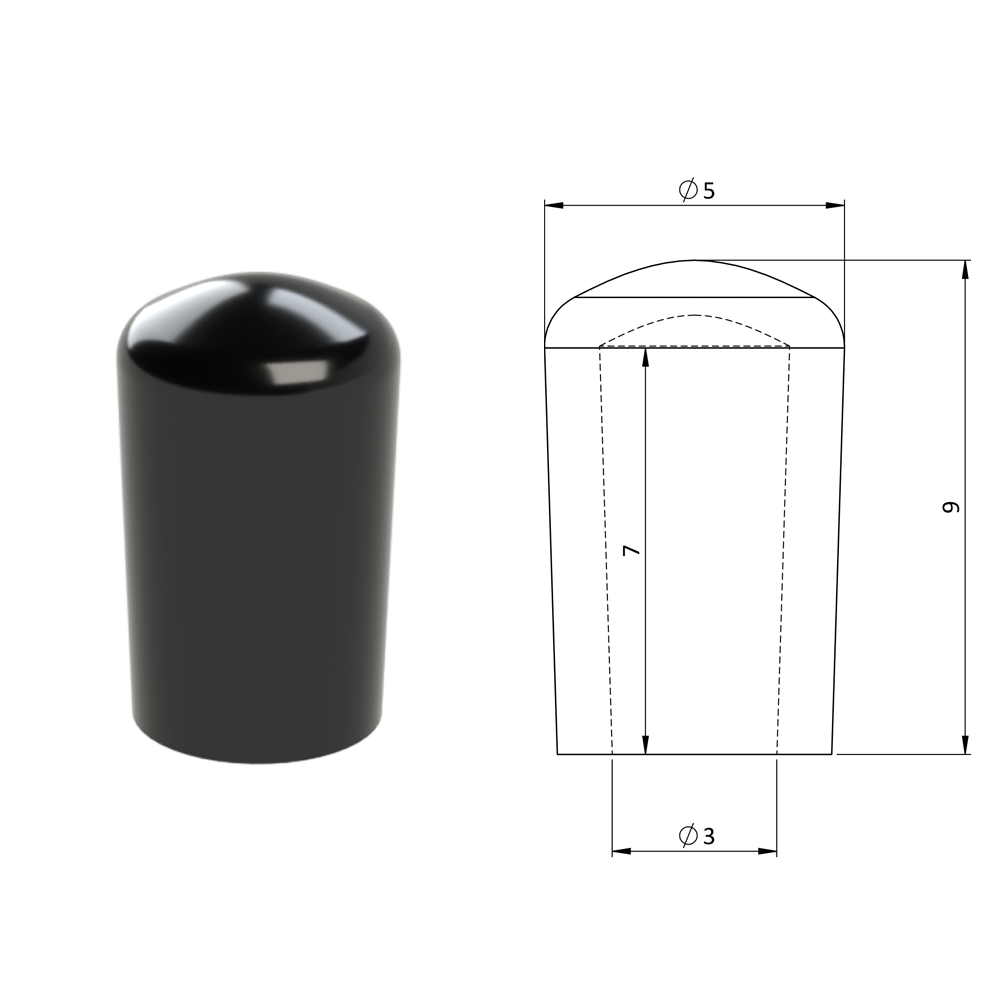 Vnější krytka PVC ø 5 x 9 mm, otvor 3 x 7 mm, černá