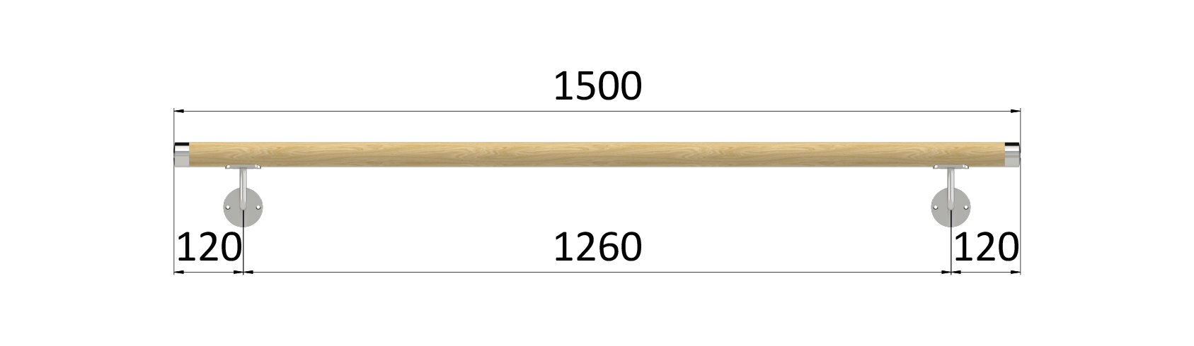 Madlo drevené (1500mm), materiál: buk, brúsený povrch bez náteru, set: 2 ks úchyt, madlo s nerezovým ukončením