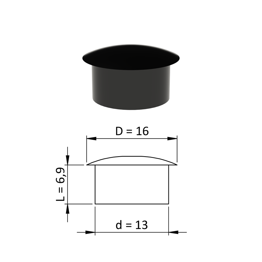 Vnitřní krytka kulatá ø 16 mm, otvor ø 13 mm, černá, plast