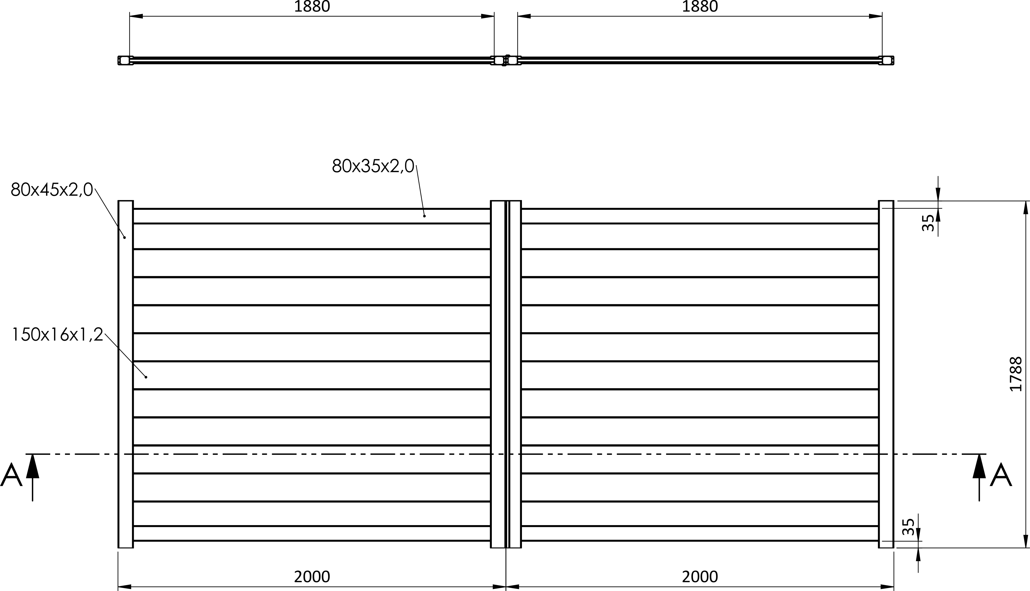Krídlová brána, hliníková, bez zámku, 4000 x 1788 mm