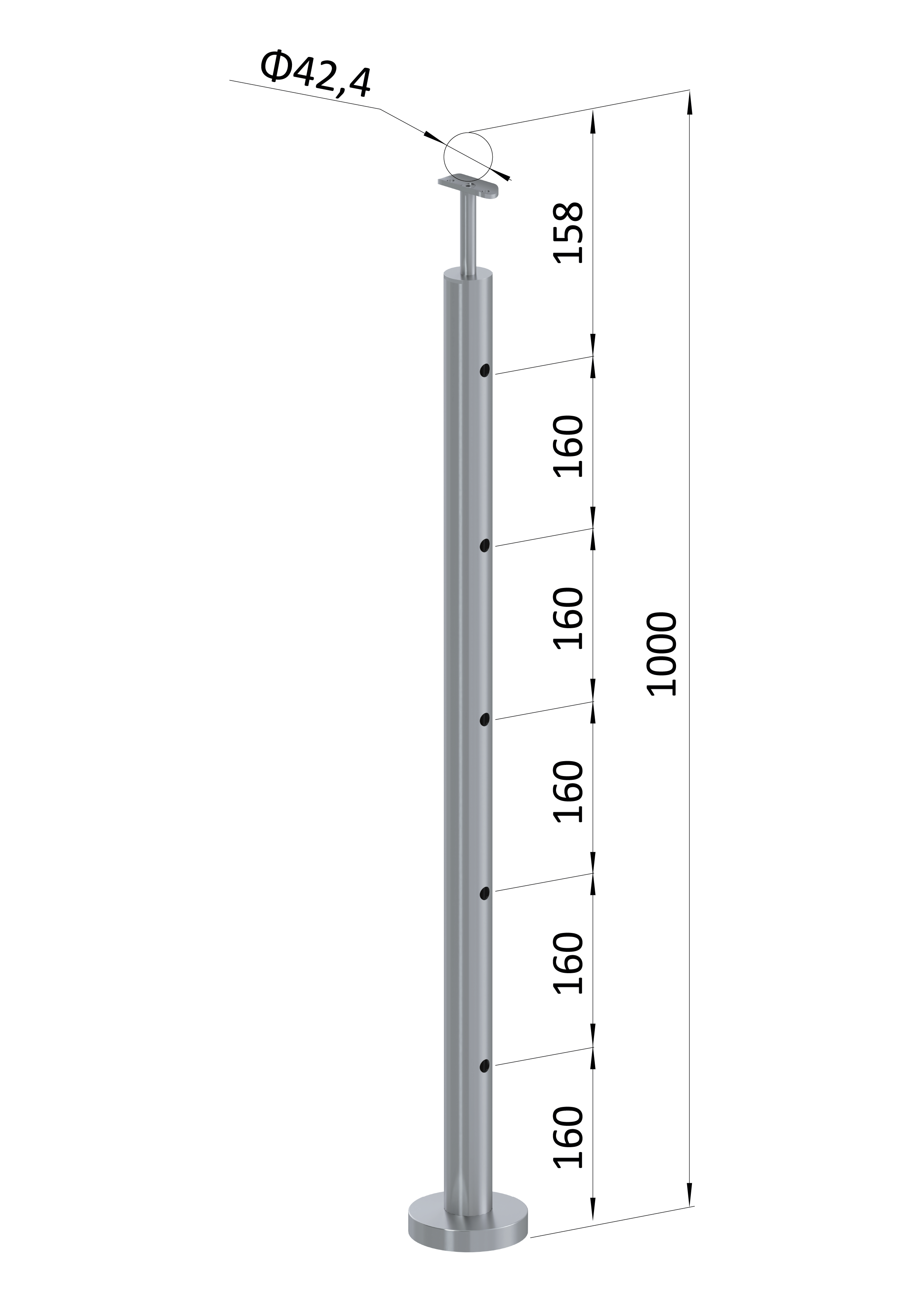 Nerezový sloup, vrchní kotvení, 5děrový koncový