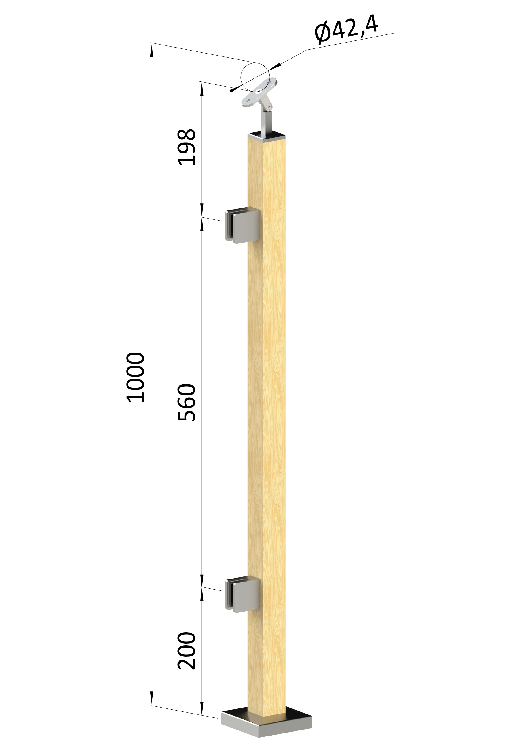 Dřevěný sloup, vrchní kotvení, výplň: sklo, levý