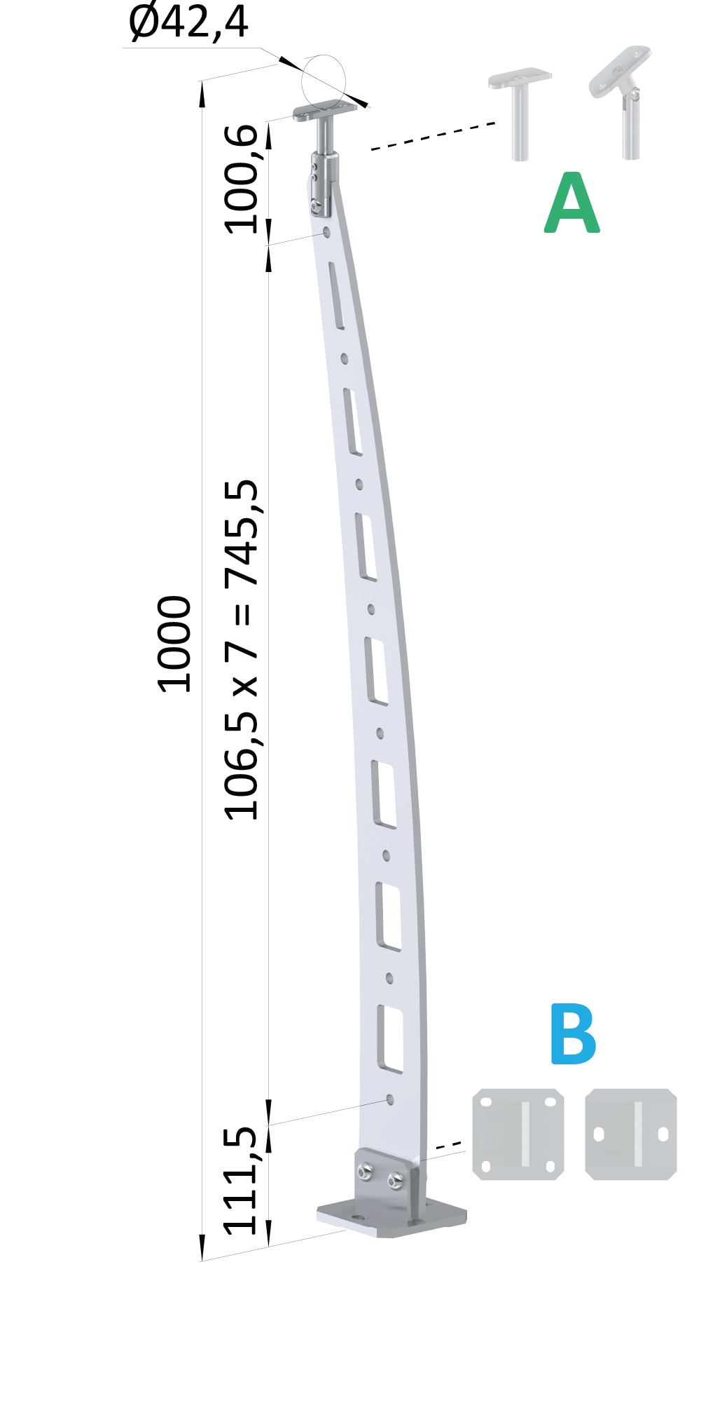 Nerezový vypalovaný sloup, vrchní kotvení, 8děrový