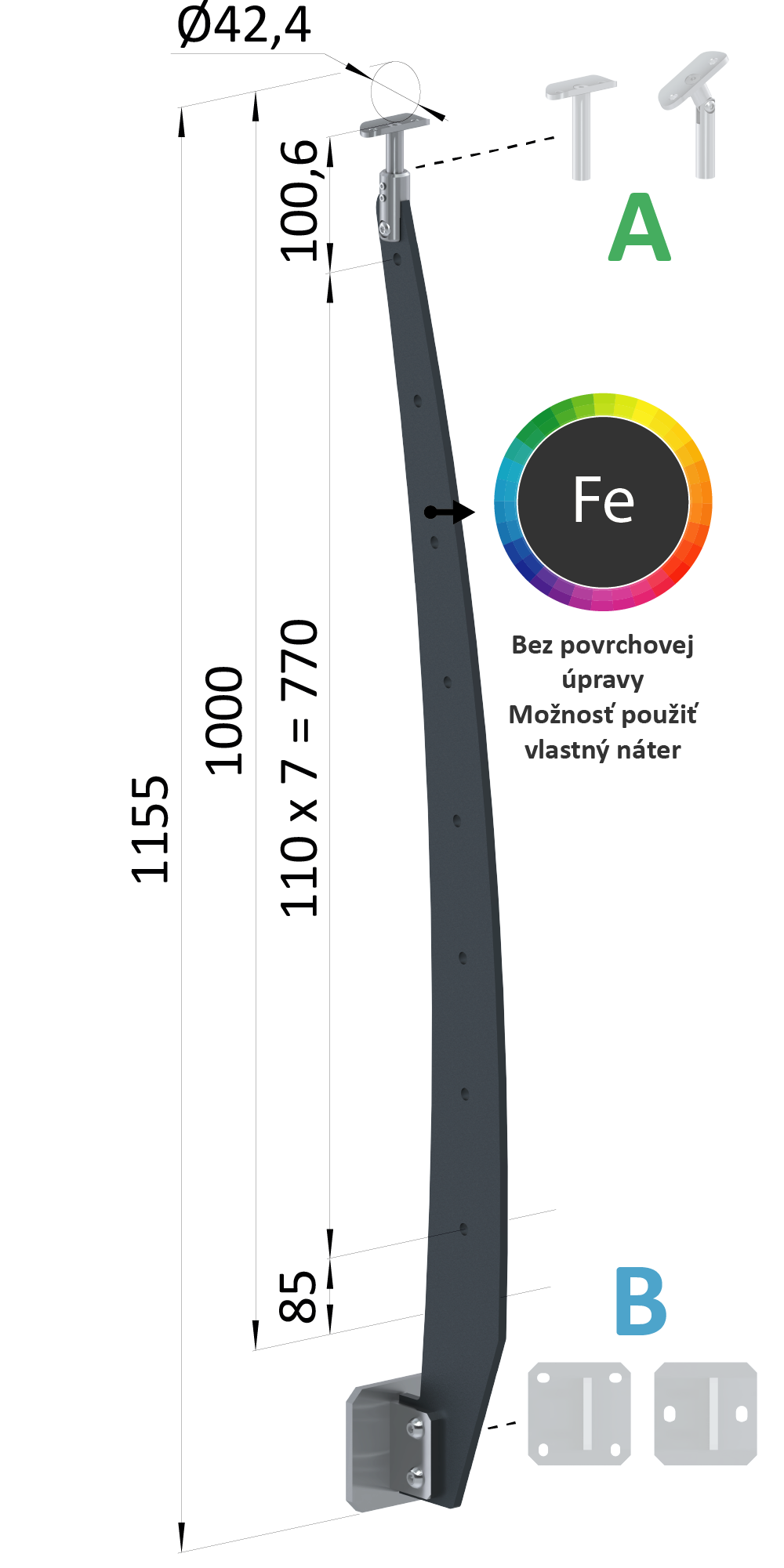 Kombinovaný Fe vypalovaný sloup, boční kotvení, 8-děrový