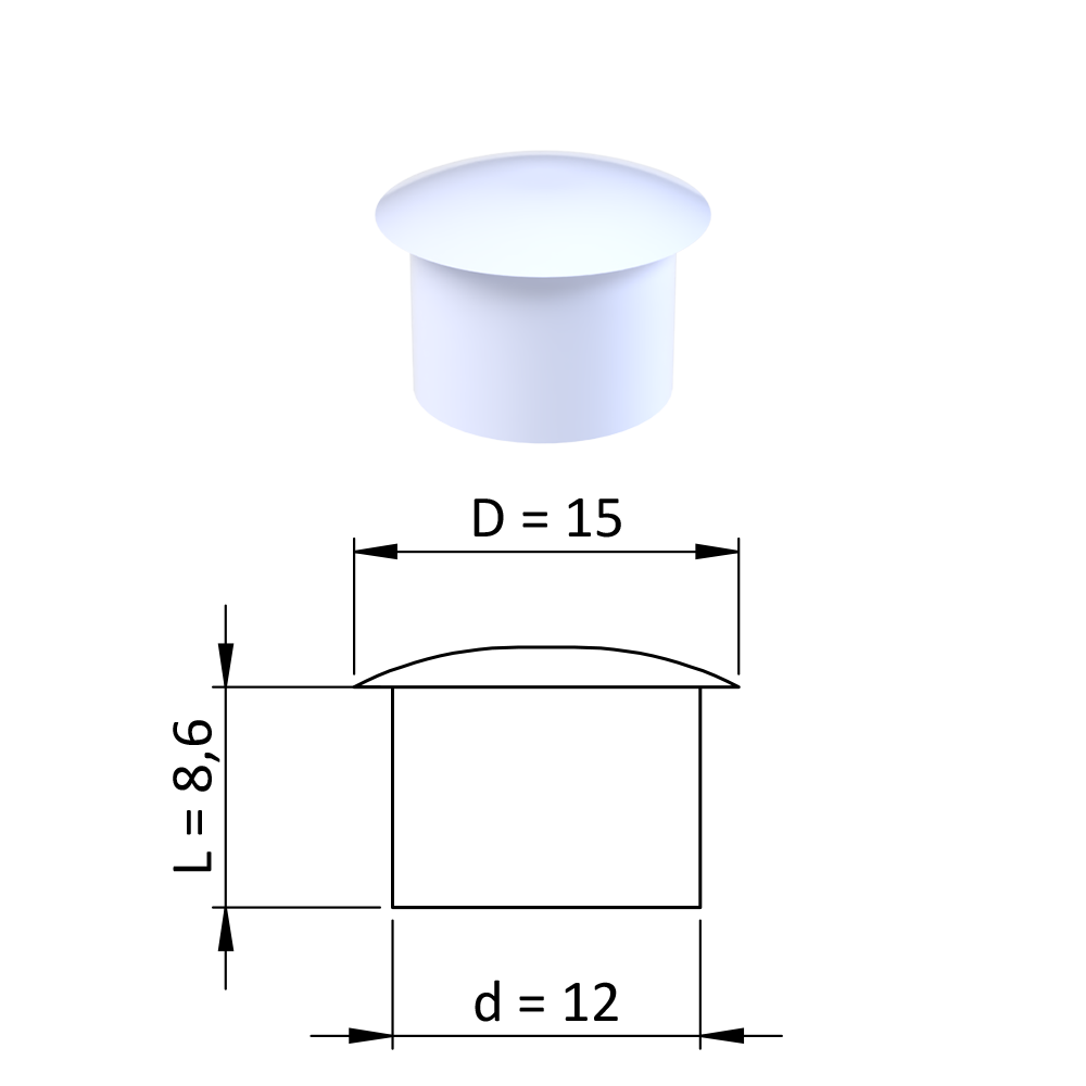 Vnitřní krytka kulatá ø 15 mm, otvor ø 12 mm, bílá, plast