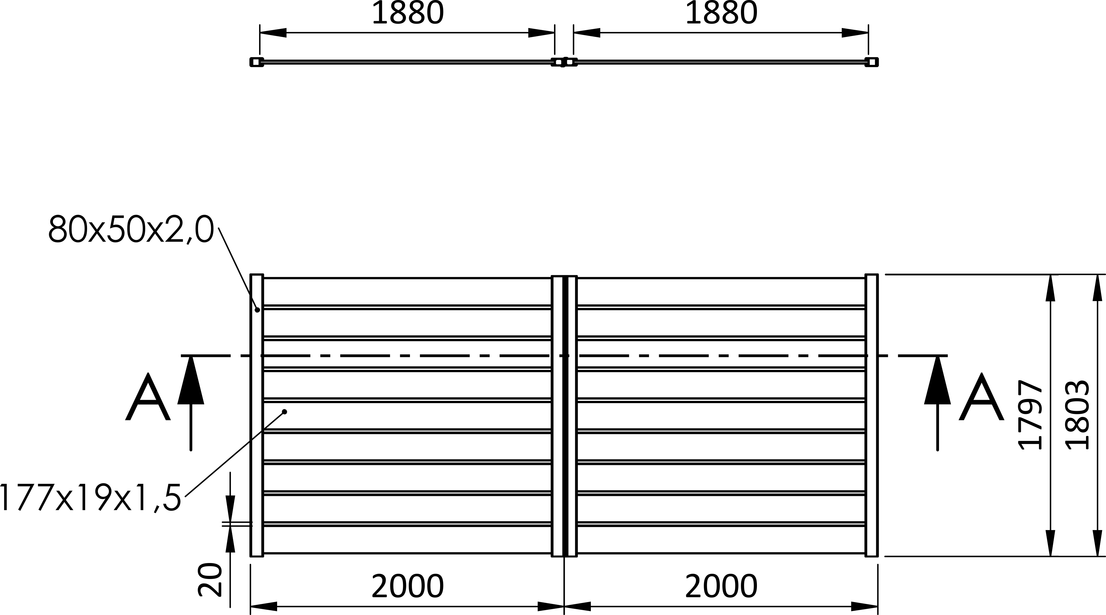 Krídlová brána, hliníková, bez zámku, 4000 x 1803 mm