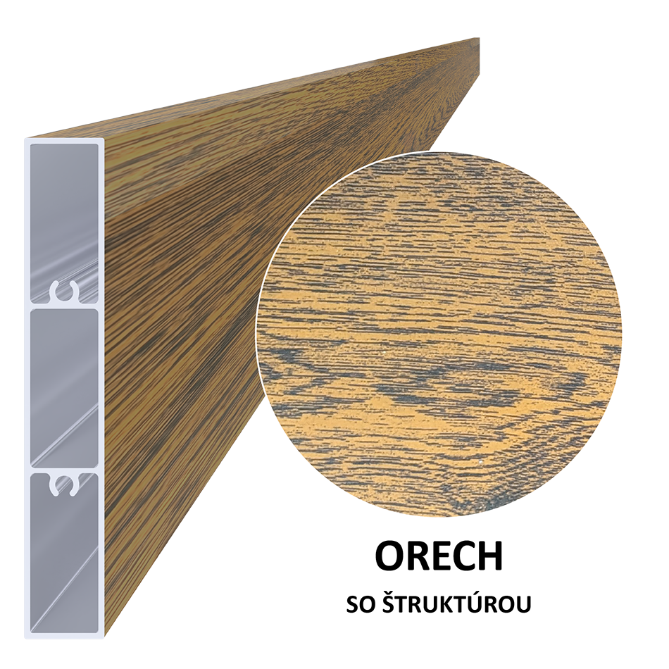 Poškozený Al profil 100 x 16 x 6000 mm, struktura OŘECH