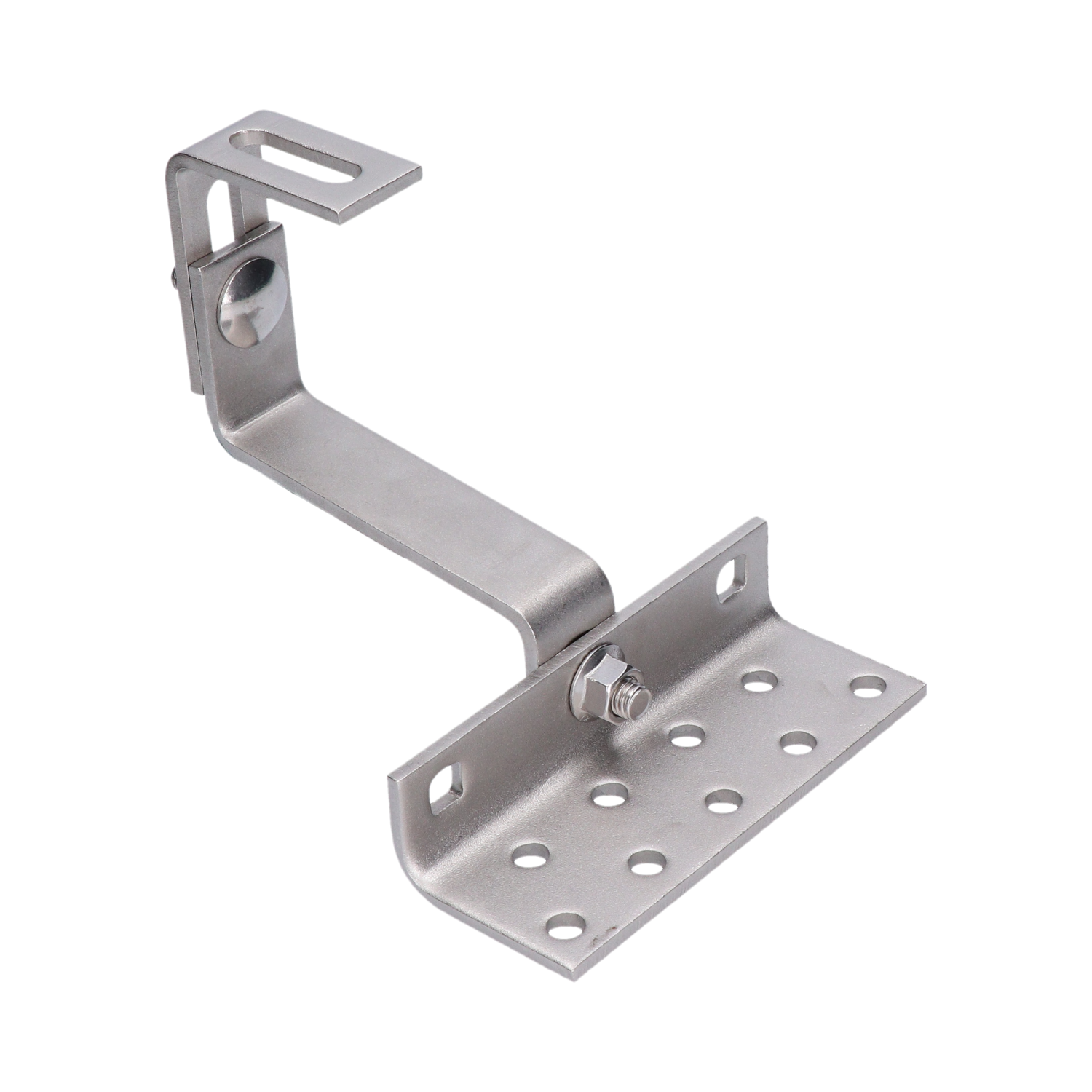 Střešní hák nastavitelný ve třech bodech, vhodný pro vlnité krytiny (betonové nebo pálené tašky). Nerez A2.