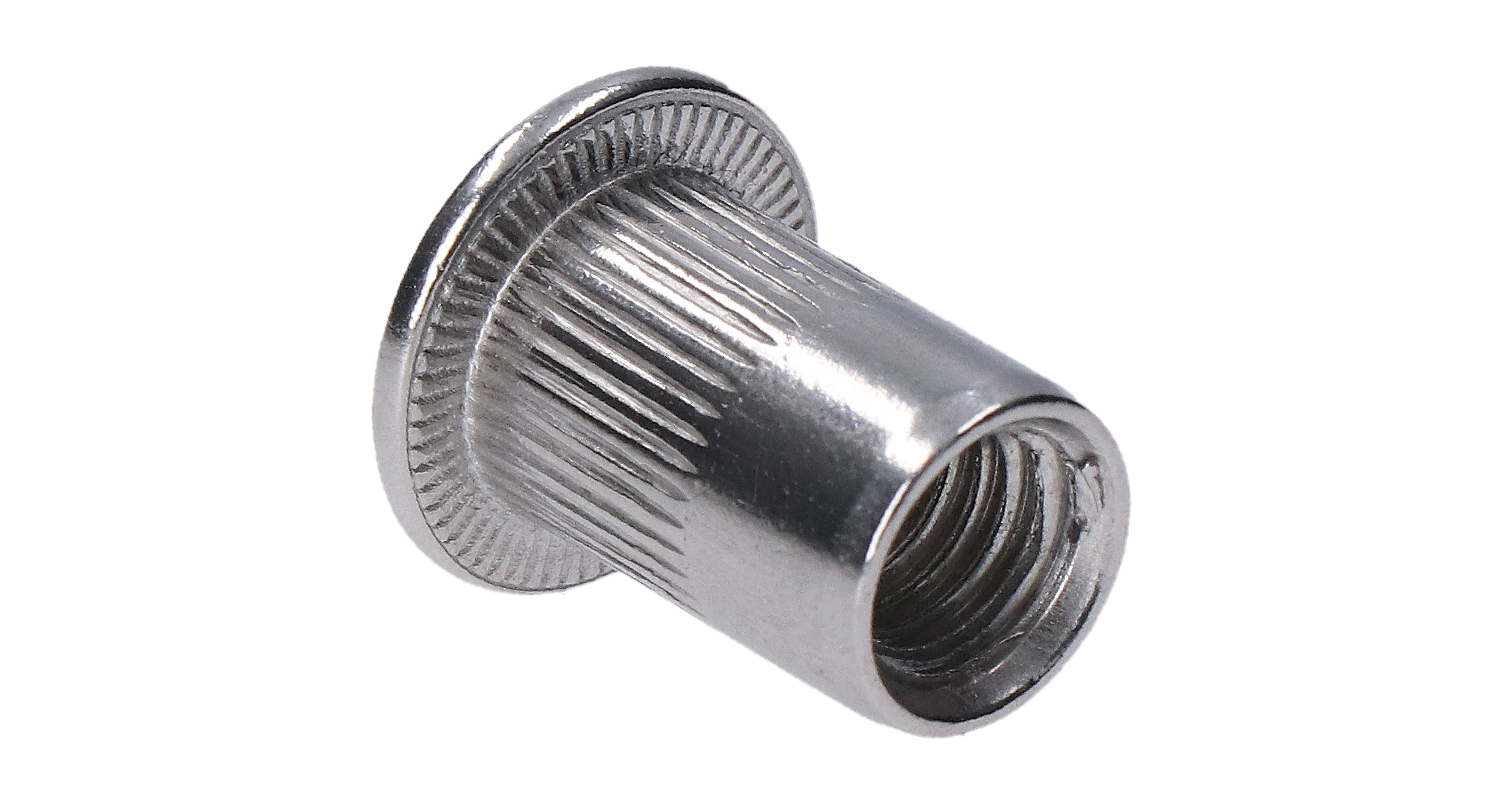 AISI304 nýtovací matice M10, plochá, rýhovaný dřík, L-19mm