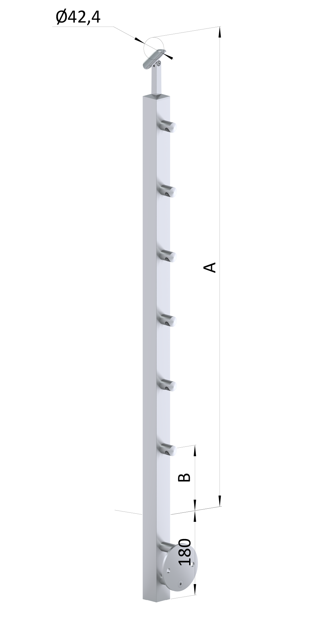 Nerezový sloup, boční kotvení, 6řadový průchozí, vnitřní Rozmer B