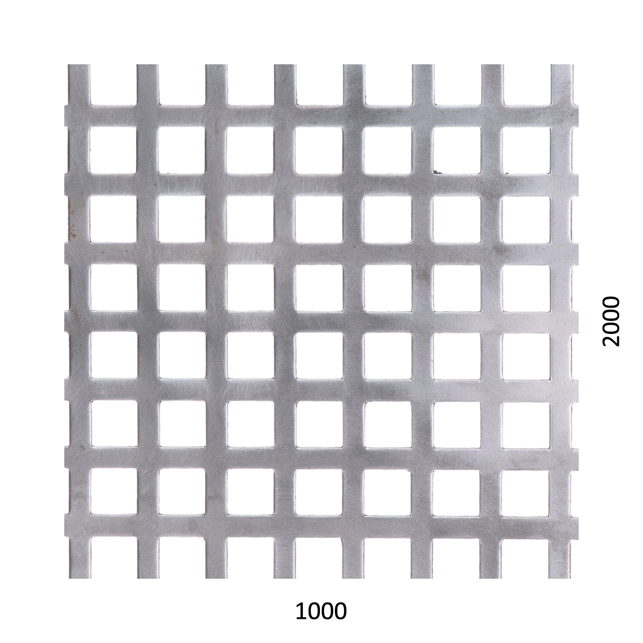 Děrovaný plech čtvercový řadový Zn, otvor: 10 x 10 mm, rozteč: 14 mm, (1000x2000x1,0 mm)