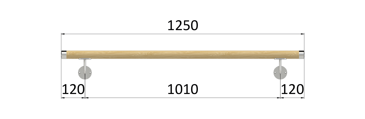 Madlo drevené (1250mm), materiál: buk, brúsený povrch bez náteru, set: 2 ks úchyt, madlo s nerezovým ukončením