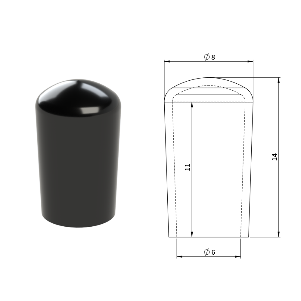 Vnější krytka PVC ø 8 x 14 mm, otvor 6 x 11 mm, černá