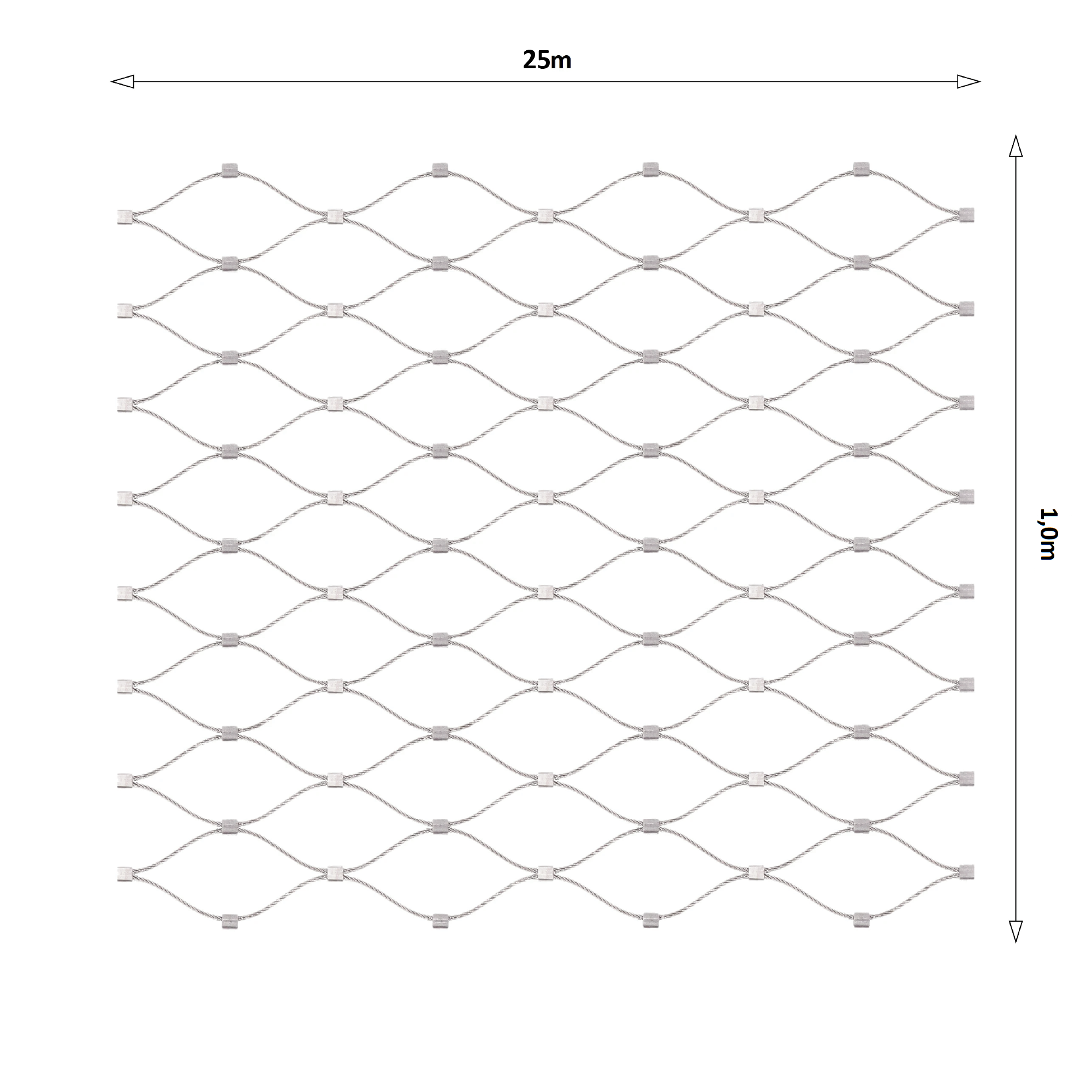 Lanová sieť, 1 x 25 m, oko 50 x 50 mm, ø 2 mm, AISI 316
