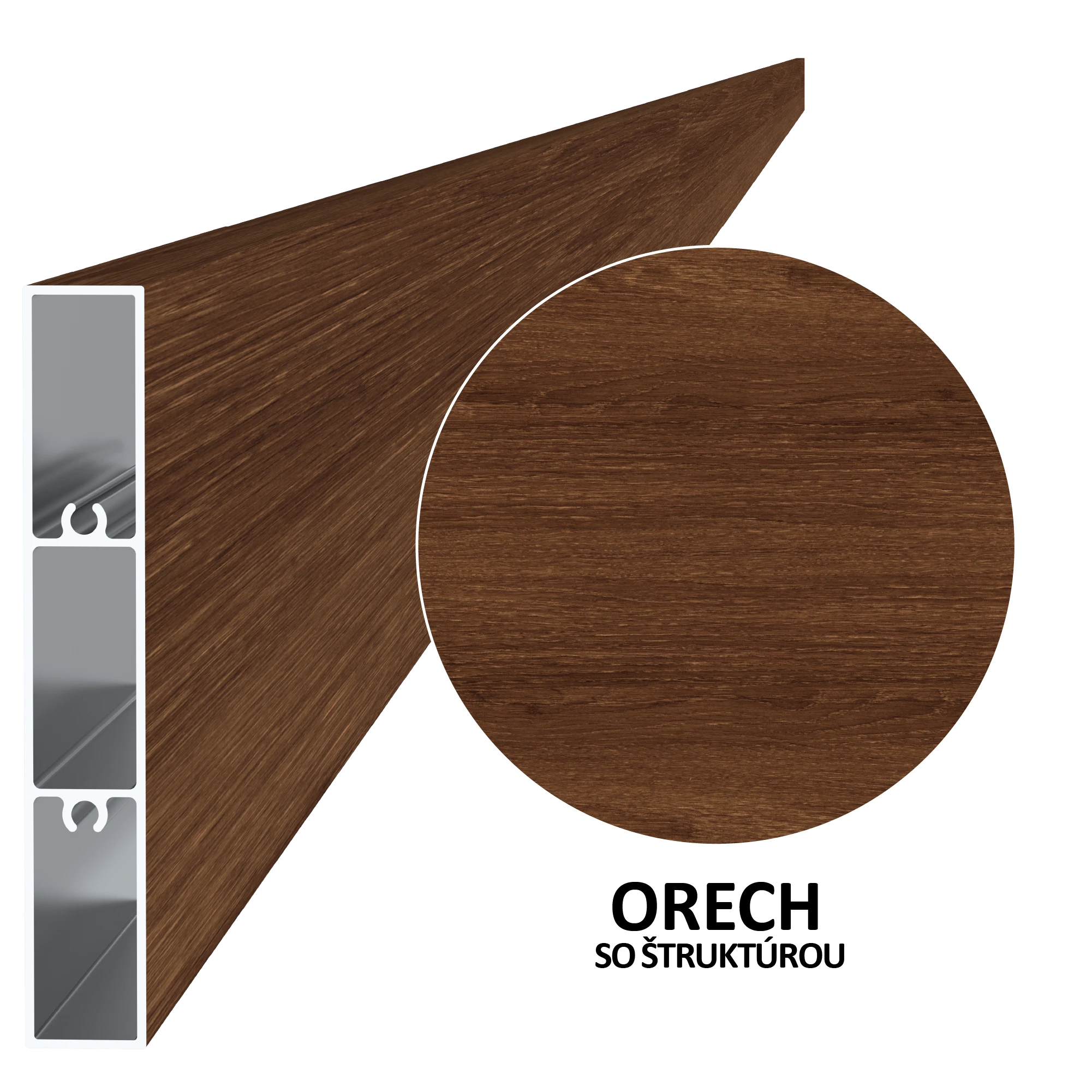 Poškodený hliníkový profil 80 x 16 x 6000 mm, štruktúra ORECH