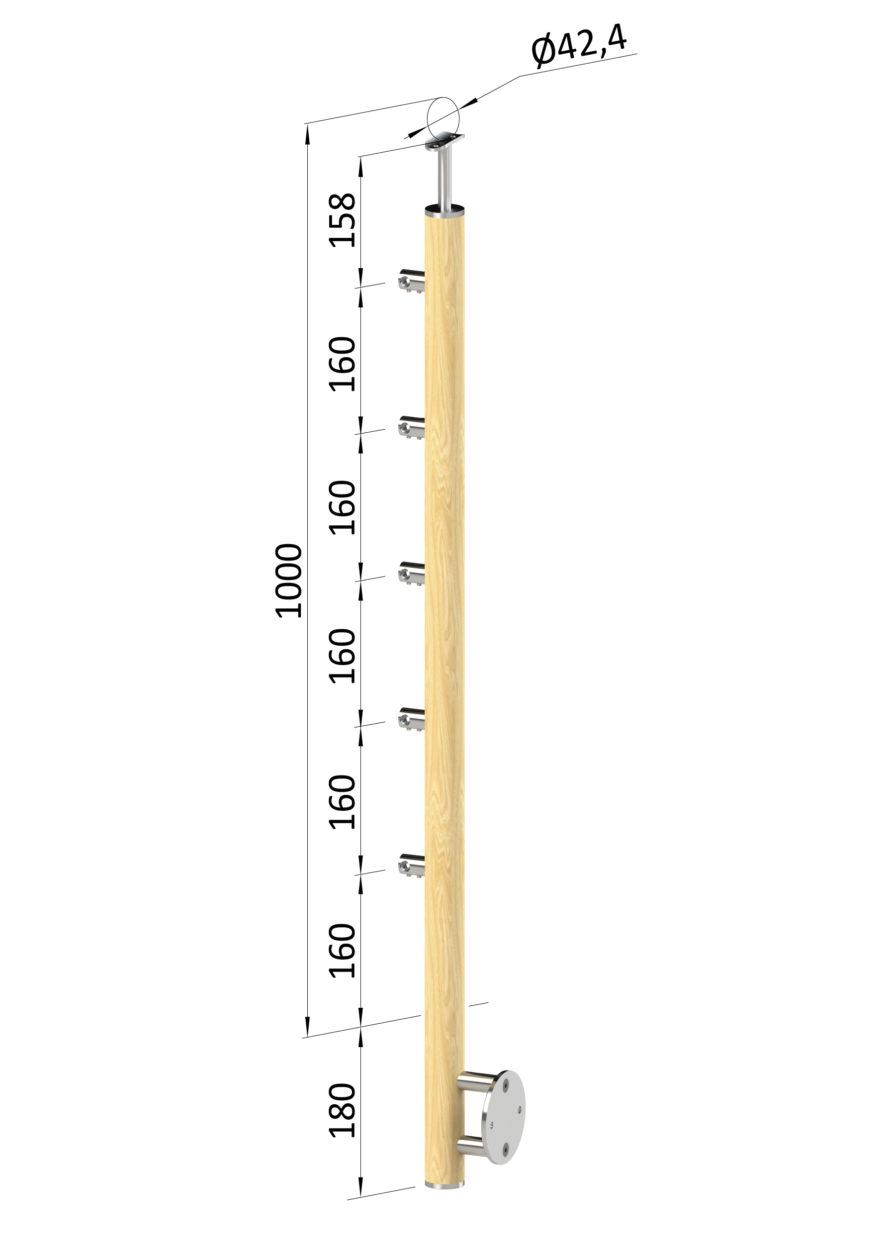 Dřevěný sloup, boční kotvení, 5řadový, průchozí, vnější