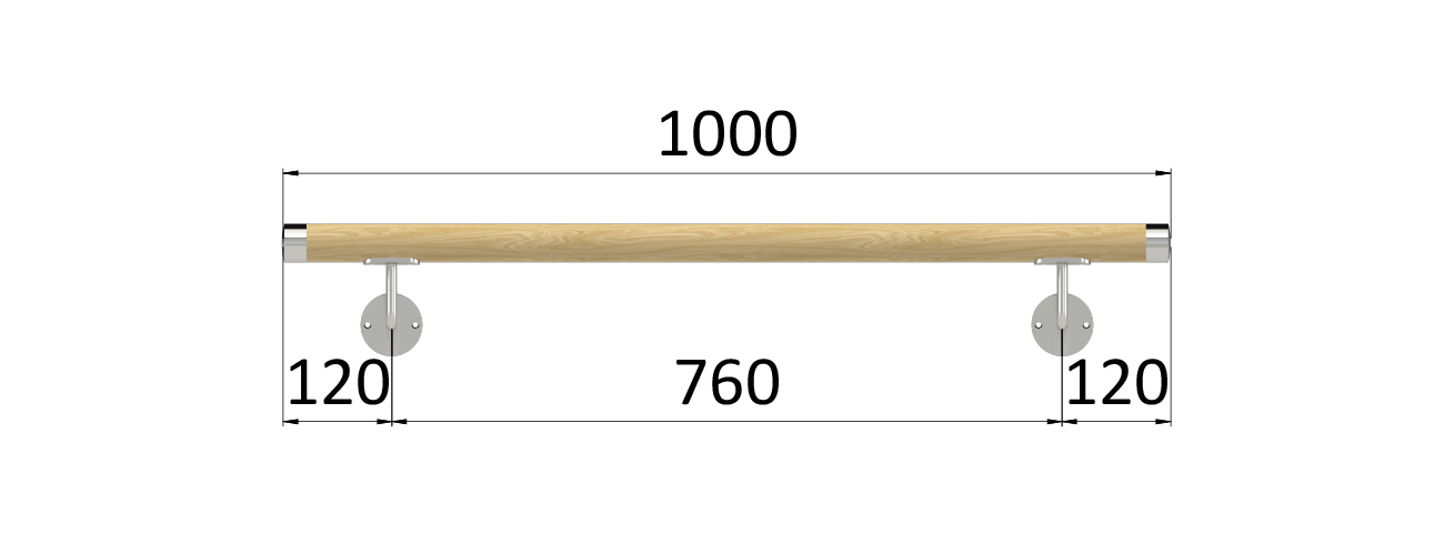 Madlo drevené (1000mm), materiál: buk, brúsený povrch s náterom BORI (bezfarebný), set: 2 ks úchyt, madlo s nerezovým uk