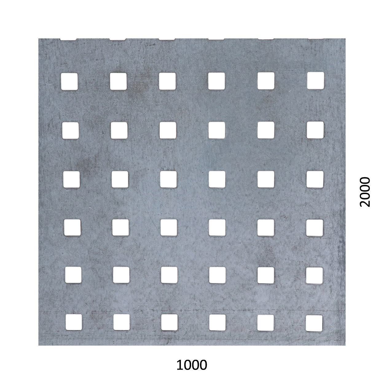 Děrovaný plech čtvercový řadový Zn, otvor: 10x10 mm, rozteč: 20 mm (1000x2000x1,5 mm)