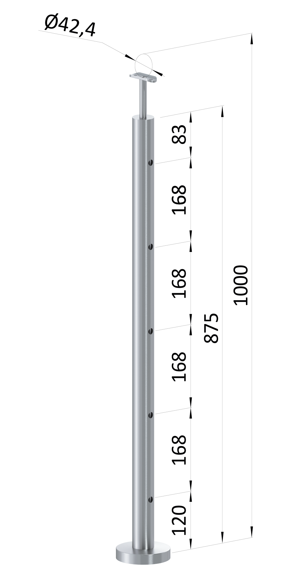 Nerezový sloup, vrchní kotvení, 5děrový průchozí