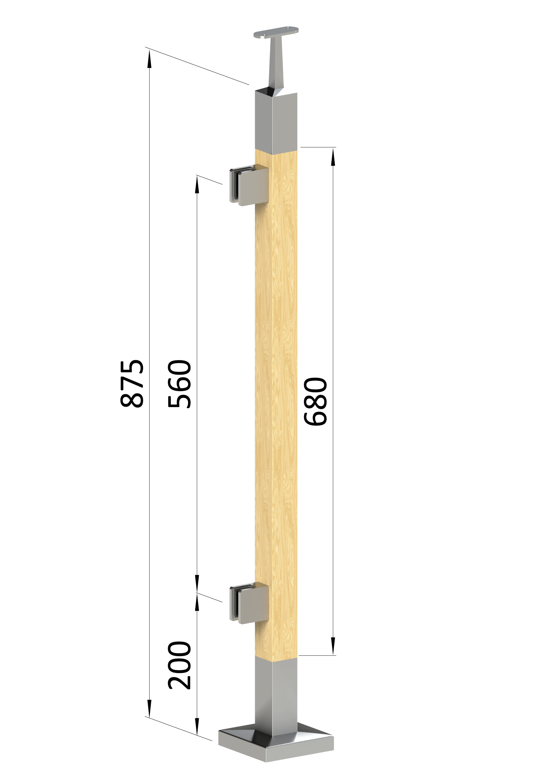 Dřevěný sloup, vrchní kotvení, výplň: sklo, levý