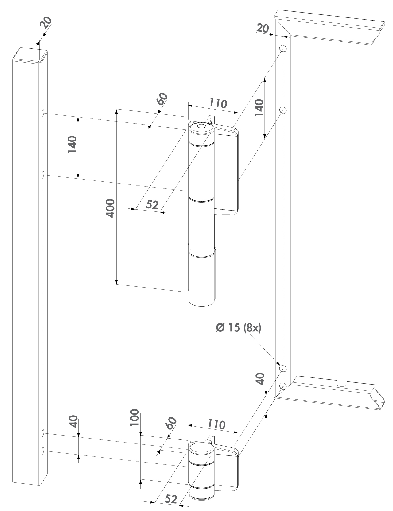 Záves otvárateľný 180°, nastaviteľný 2D, do 150 kg, Silver