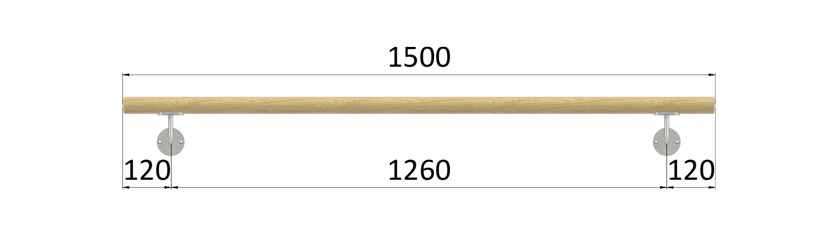 Madlo drevené (1500mm), materiál: buk, brúsený povrch bez náteru, set: 2 ks úchyt, madlo s ukončením