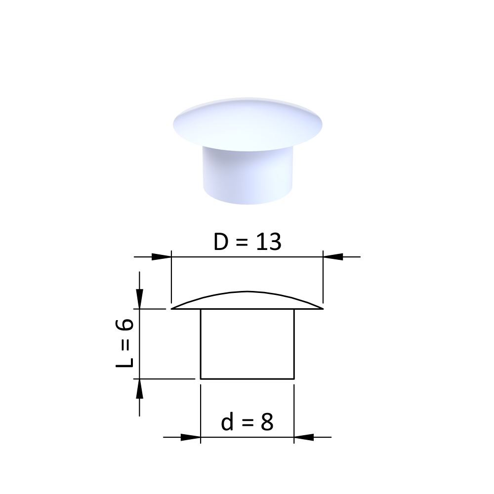 Vnitřní krytka kulatá ø 13 mm, otvor ø 8 mm, bílá, plast