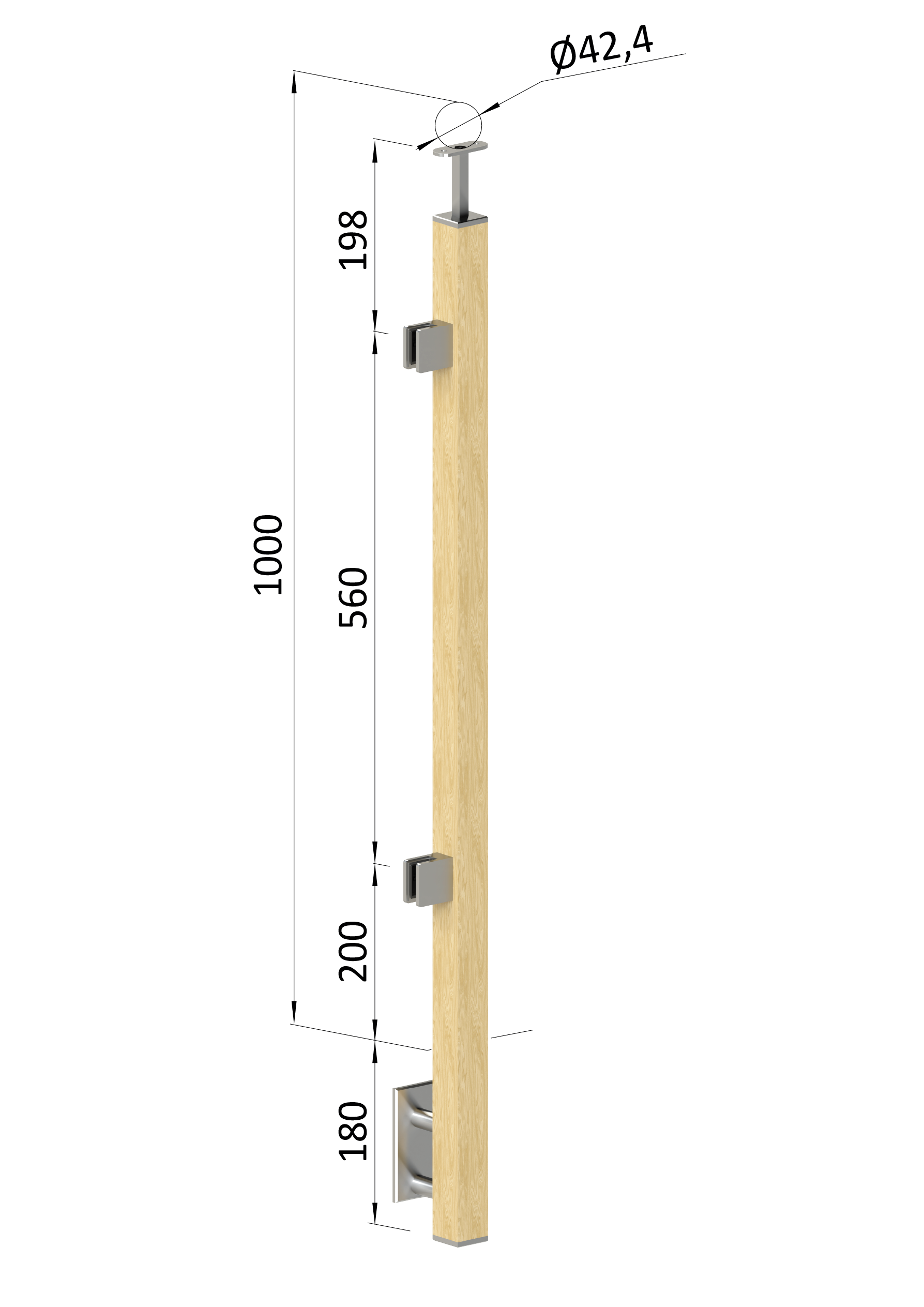 Dřevěný sloup, boční kotvení, výplň: sklo, koncový, levý