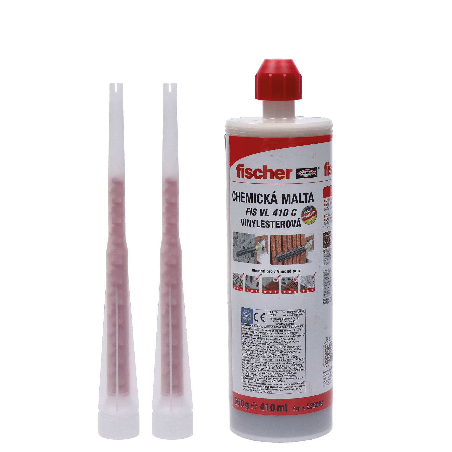 Chemická injektážní malta FIS VL 410 C - výrobce Fischer - je hybridní vinylesterová pryskyřice bez styrenu s příměsí ce