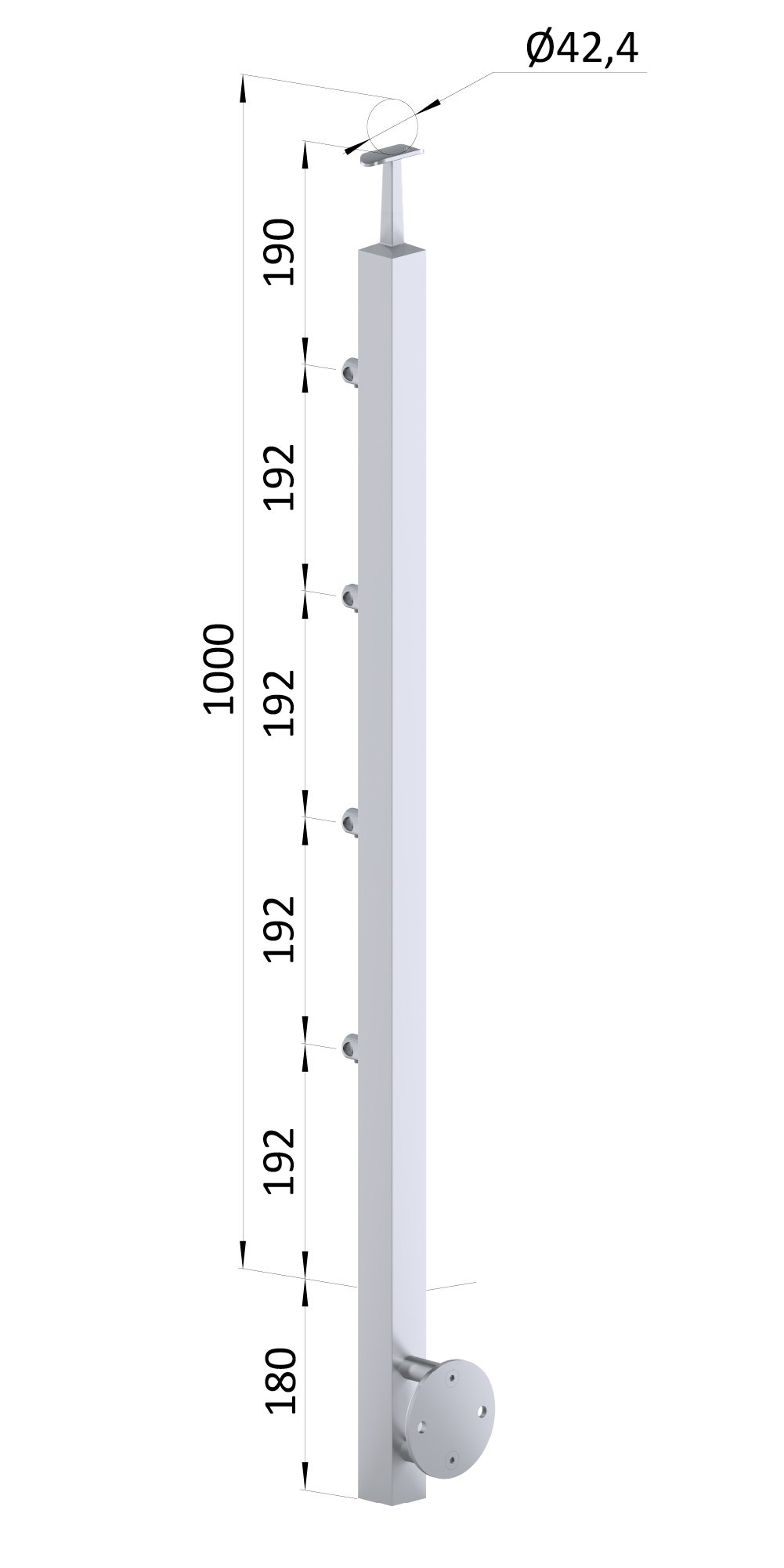 Nerezový sloup, boční kotvení, 4řadový průchozí, vnější