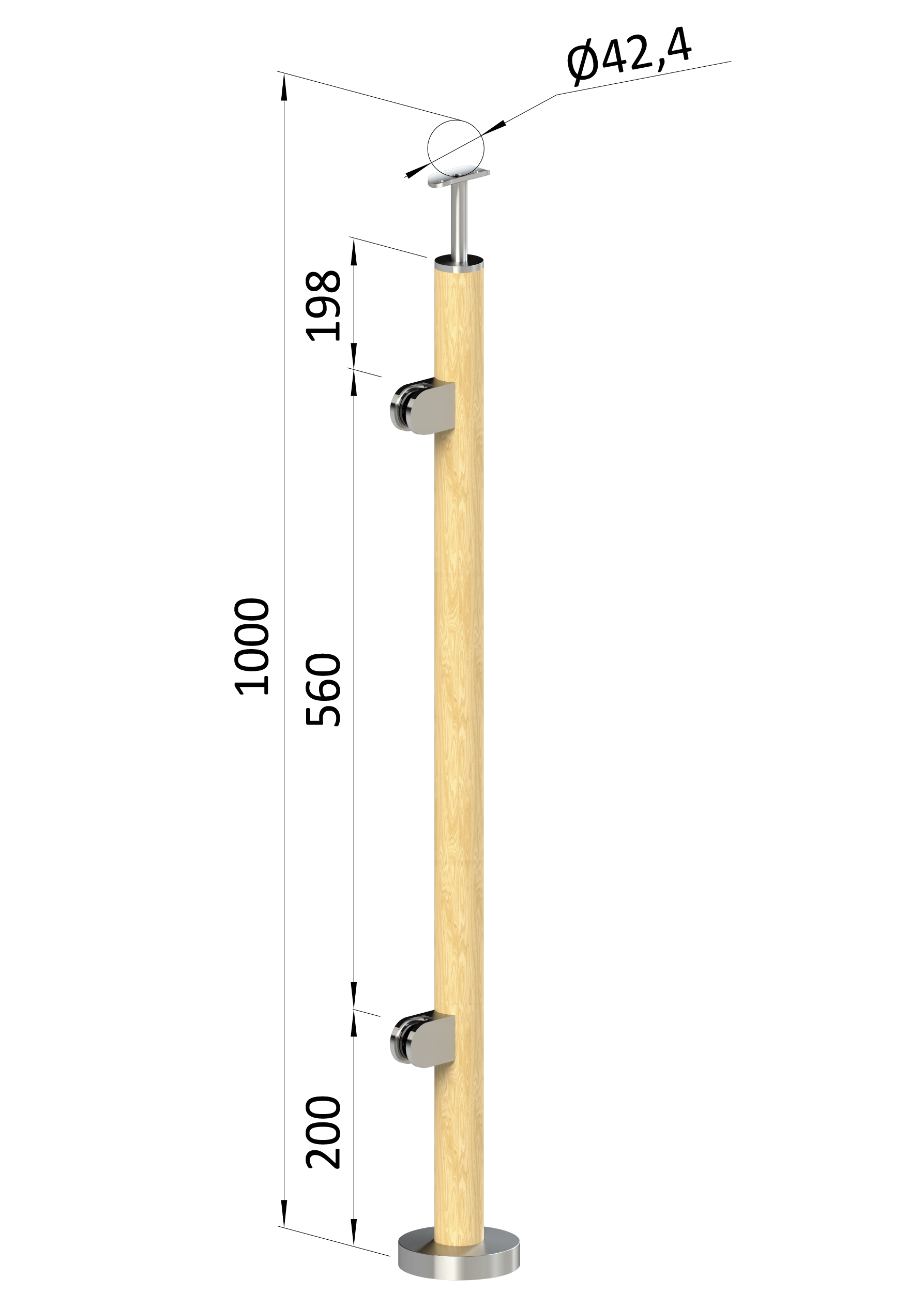 Dřevěný sloup, vrchní kotvení, výplň: sklo, levý