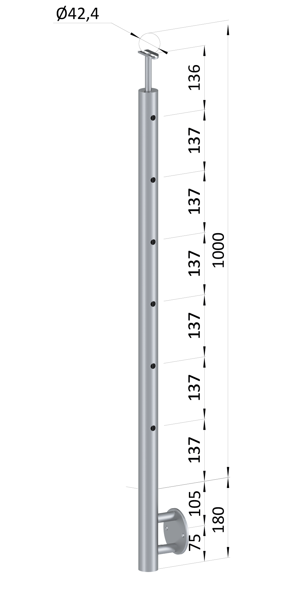 Nerezový sloup, boční kotvení, 6děrový průchozí