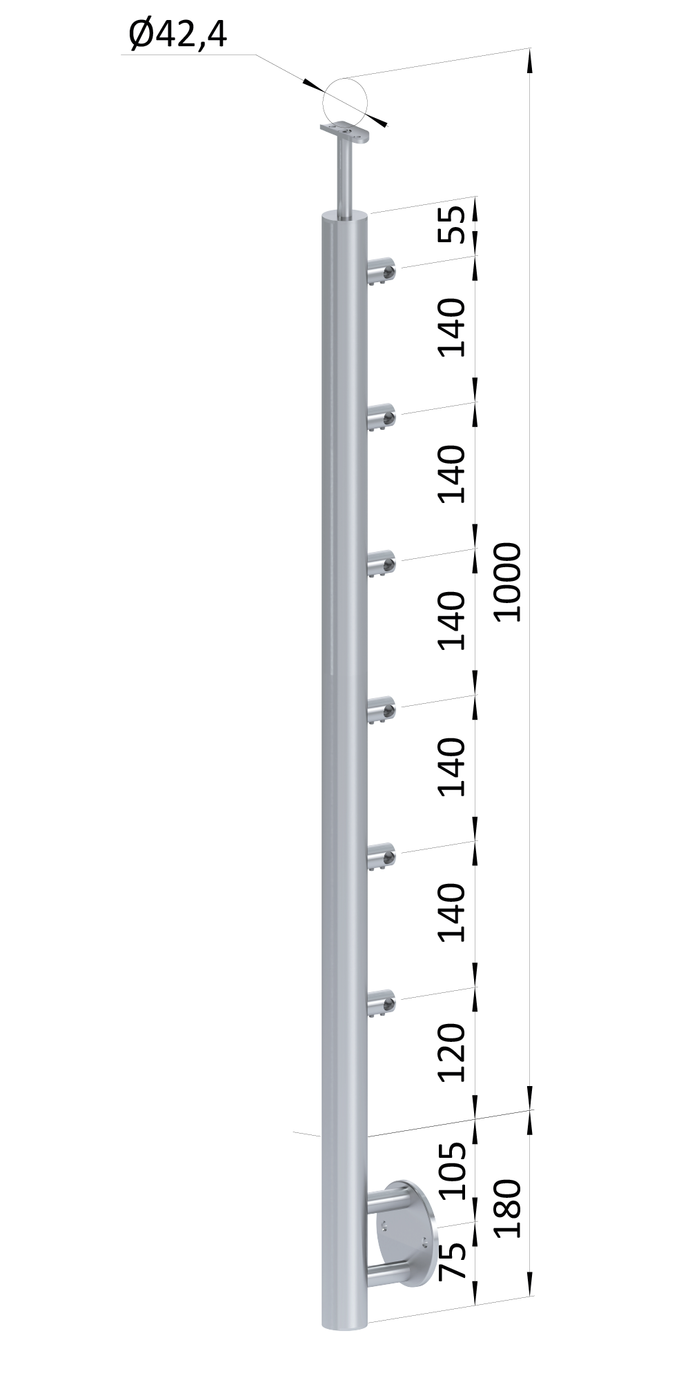 Nerezový sloup, boční kotvení, 6řadový průchozí