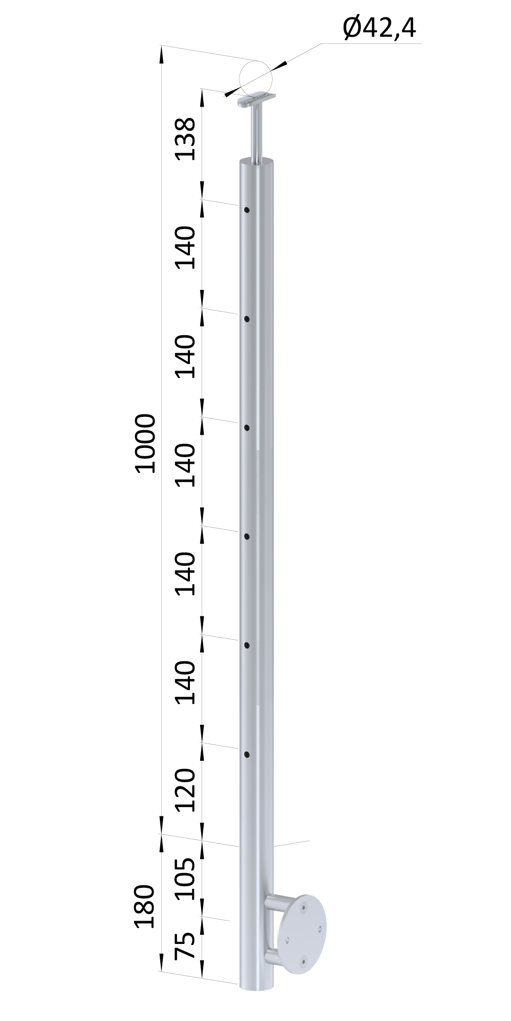 Nerezový sloup, boční kotvení, 6děrový, lanko, koncový