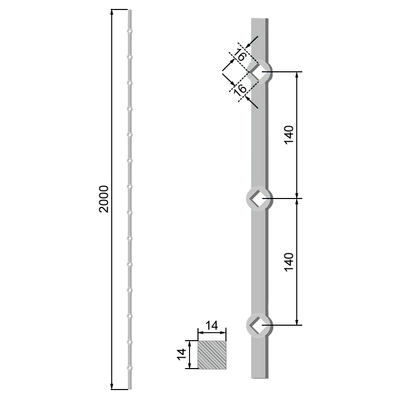 Tyč 14 × 14 × 2000 mm opískovaná, rozteč 140 mm