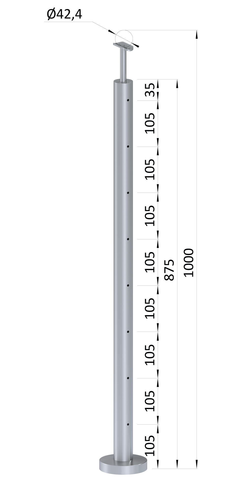 Nerezový sloup, vrchní kotvení, 8děrový, lanko, průchozí