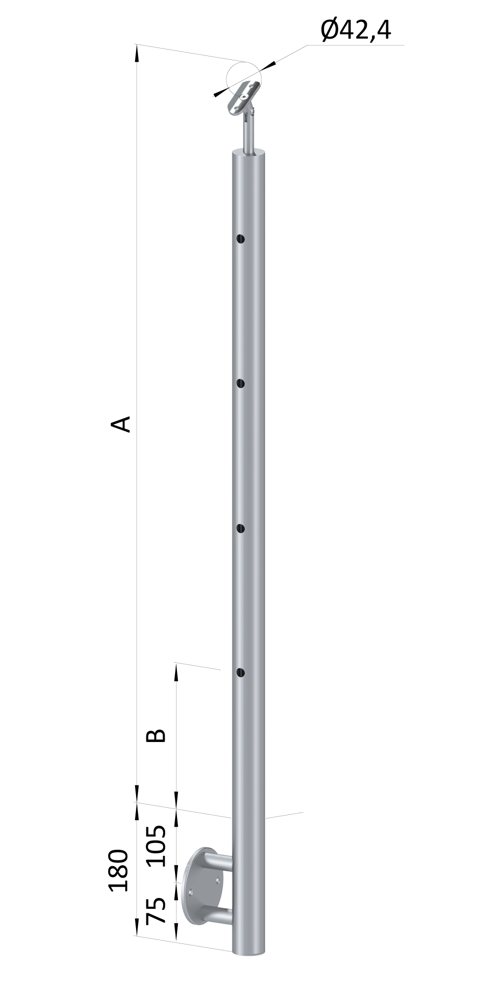 Nerezový sloup, boční kotvení, 4děrový koncový, levý