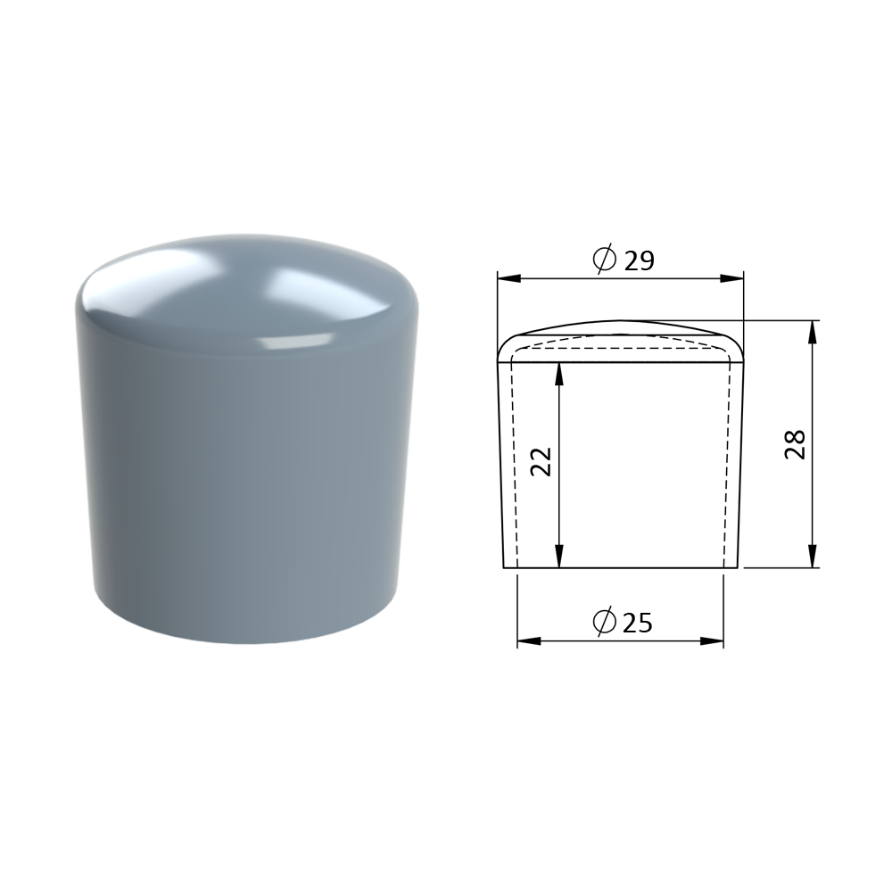 Vnější krytka PVC ø 29 x 28 mm, otvor 25 x 22 mm, šedá