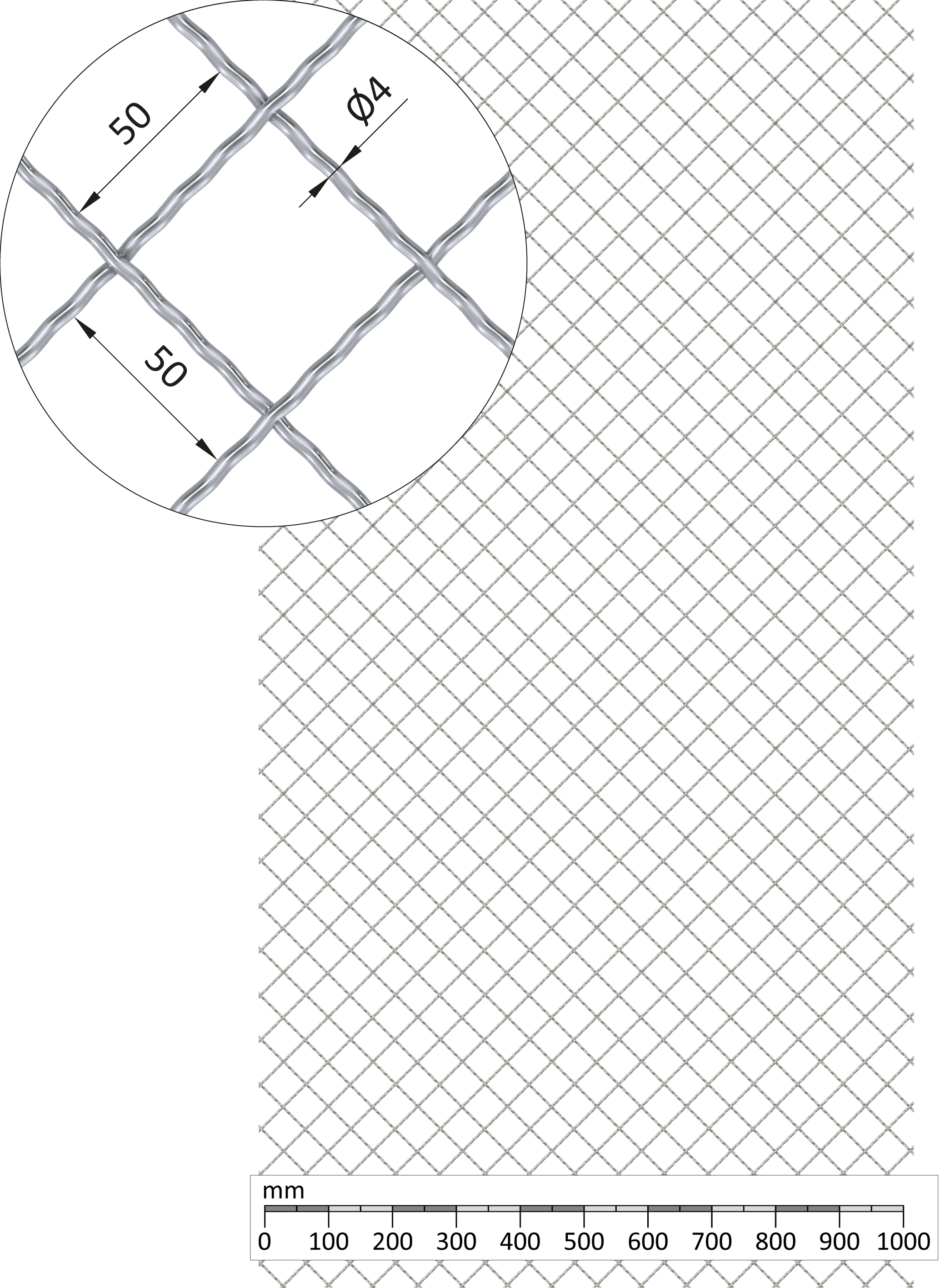 Žebírkové pletené síto - vzor Diamant, oko: 50x50mm, průměr pletiva ø4mm, rozměr 1000x2000mm, pozinkované