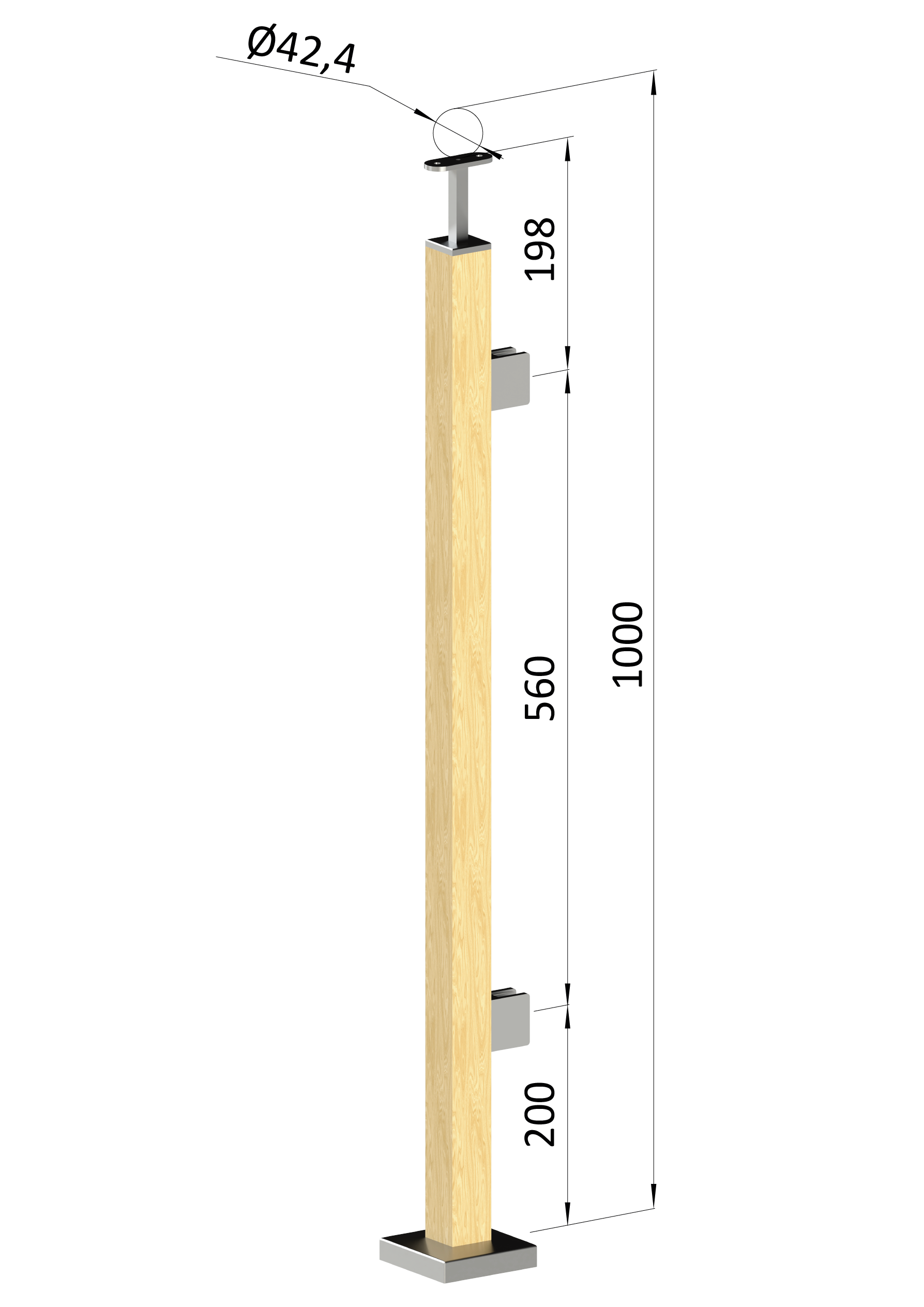 Dřevěný sloup, vrchní kotvení, výplň: sklo, pravý