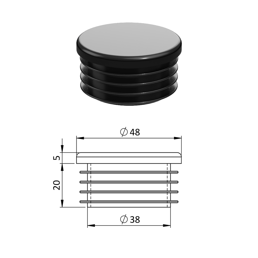 Vnitřní krytka kulatá ø 48 mm, plastová, černá