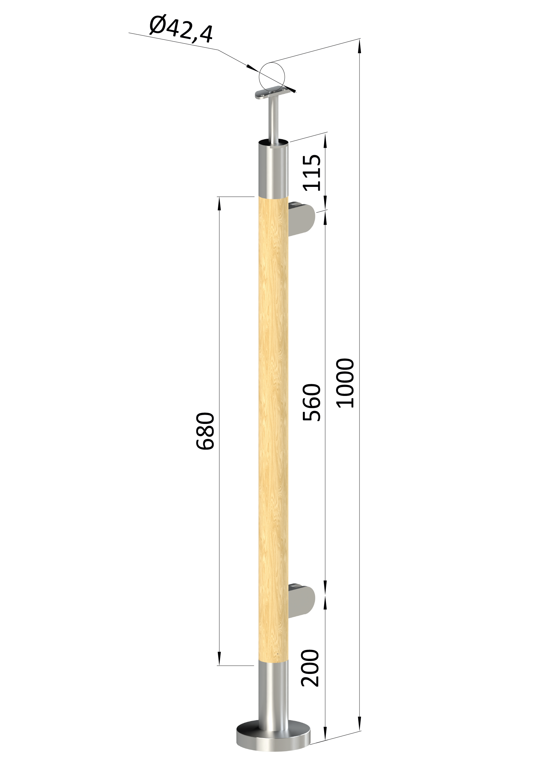 Dřevěný sloup, vrchní kotvení, výplň: sklo, pravý